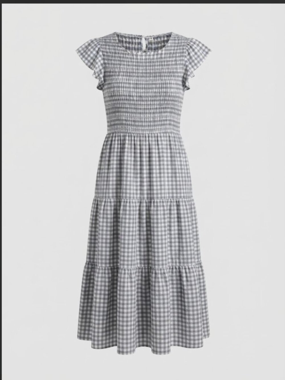 Gray Gingham Smocked Tiered Midi Dress Short Flutter Sleeve Cotton Blend Sz M